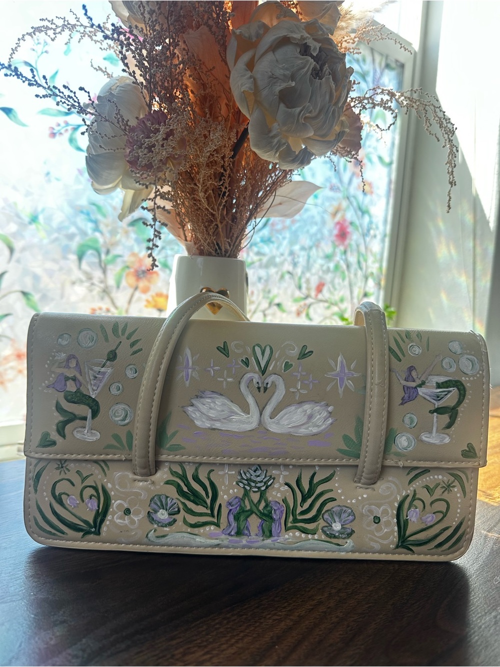 Mermaid Swan Art Bag Vintage MNG Hand Painted Vegan Leather - Picture 3 of 16